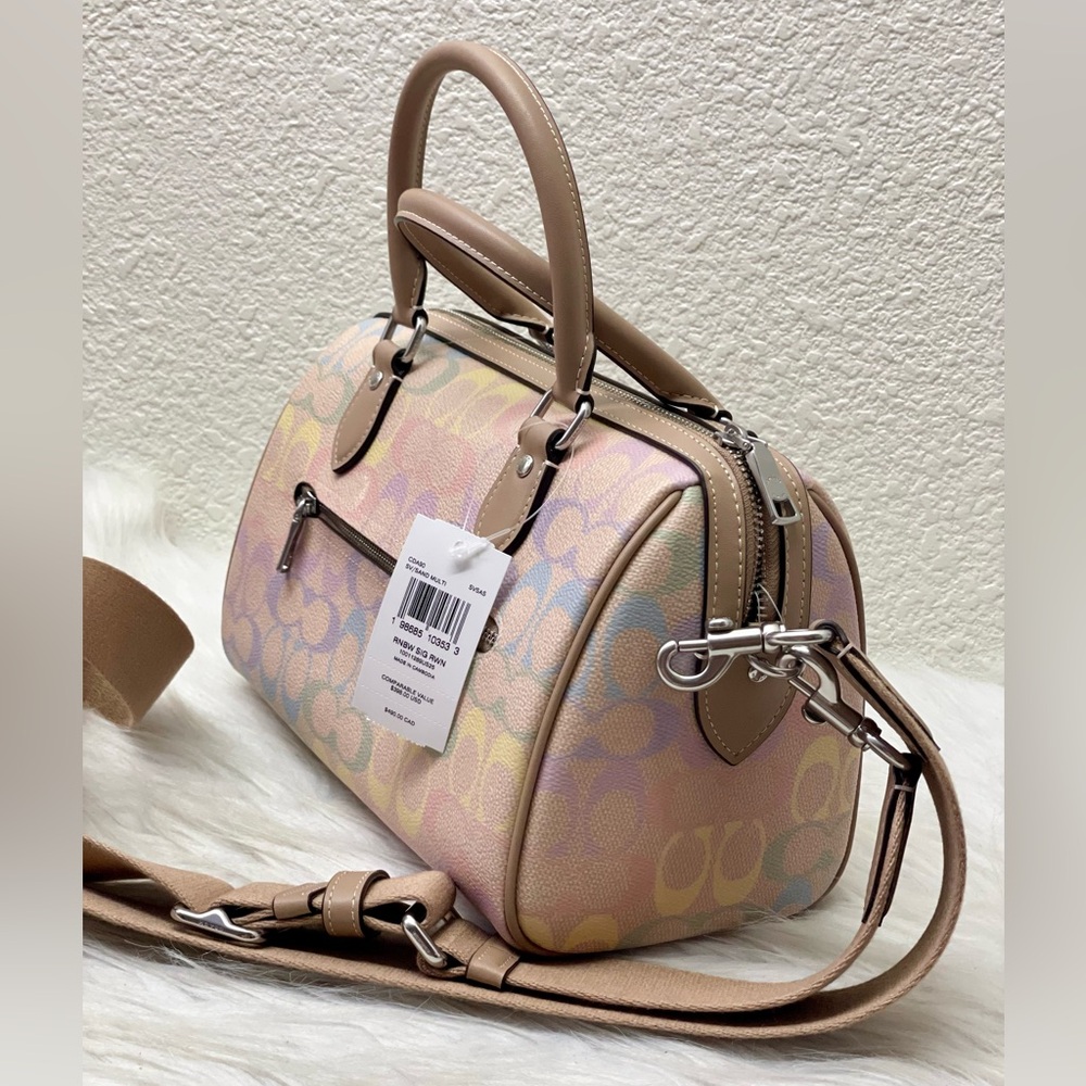 NWT Coach Medium Rowan Satchel Bag In Rainbow Signature Canvas CDA90 Sand Multi - Picture 5 of 11